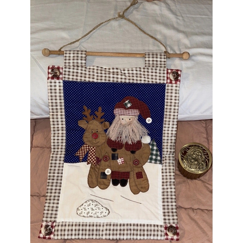 Vtg Quilted‎ Santa & Rudolph Wall Hanger Hallmark Glass Brass Candle Votive Cup